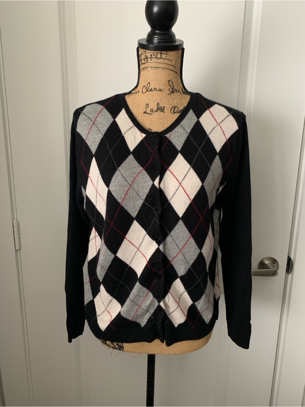 Talbots Black & Gray Argyle Cardigan Sweater Size M